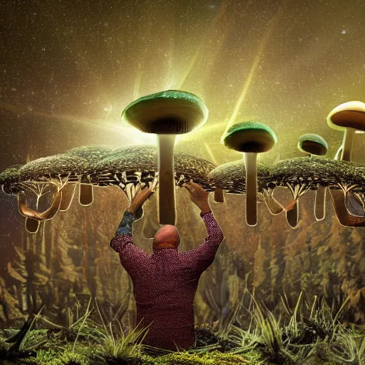 Image similar to Aliens from a UFO harvesting mushrooms from Earth with Joe Rogan watching with binoculars from the trees, realistic