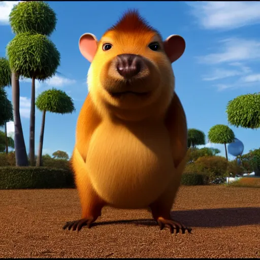 Image similar to disney pixar style capybara, 3D animation, 4k render