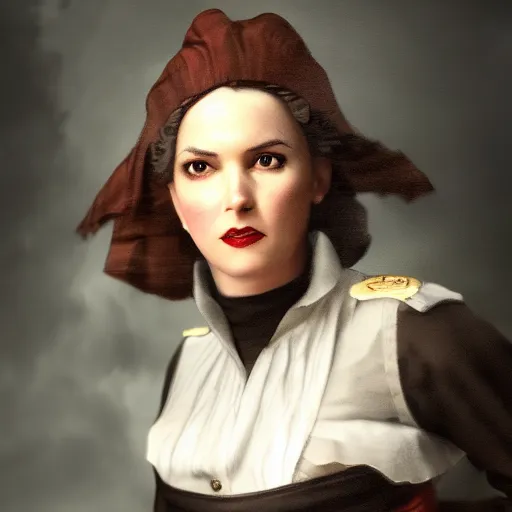 Image similar to intelligent female pirate captain 3 5 years old, 1 9 4 0 s haircut, fully clothed, wise, beautiful, 1 7 5 0 s oil painting, dramatic lighting, trending on artstation, sharp focus