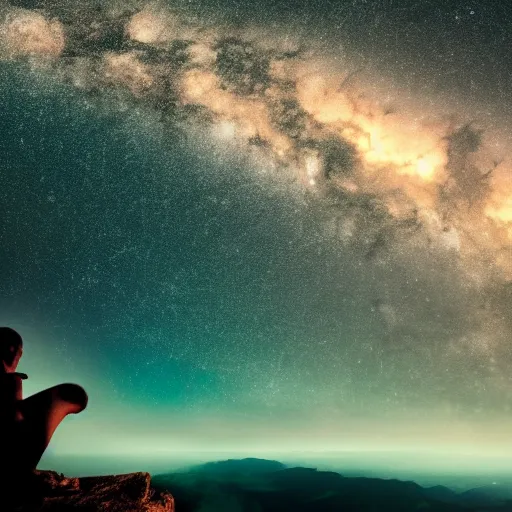 Image similar to 4K ultra HD detailed award-winning wallpaper of silhouette of man sitting on top of mountain cliff looking at huge vast sky storm Milky way