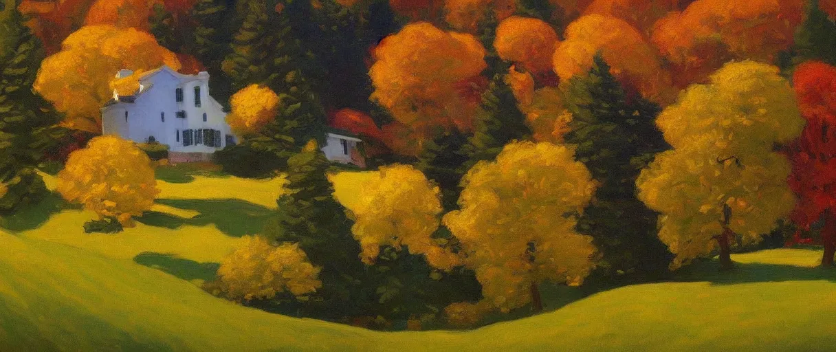 Image similar to a highly detailed, 4 k, alpine landscape with a cottage, dense trees, fall, by edward hopper, new artstation artist,