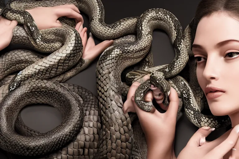 Image similar to Medusa having her snakes styled at the salon. Highly detailed, 8k resolution, ultrarealistic