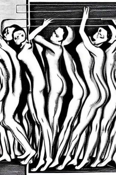 Image similar to A vintage scientific illustration from the 1970s of humans forming caves with their bodies