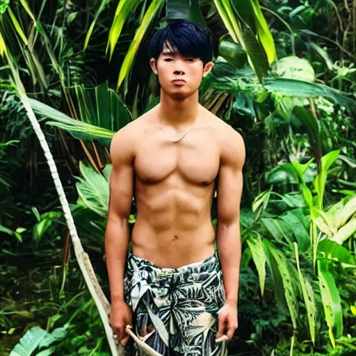 Image similar to head to toe photo, jungle book mowgli who is a 2 0 year old korean with large muscles and with long unkempt and slightly curly hair, holding a torch in one hand and an iphone in the other hand, standing in the jungles of jeju island