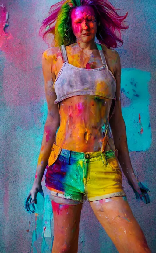 Prompt: grungy woman, rainbow hair, soft eyes and narrow chin, dainty figure, wet t-shirt, torn overalls, skimpy shorts, covered in paint, Sony a7R IV, symmetric balance, polarizing filter, Photolab, Lightroom, 4K, Dolby Vision, Photography Award