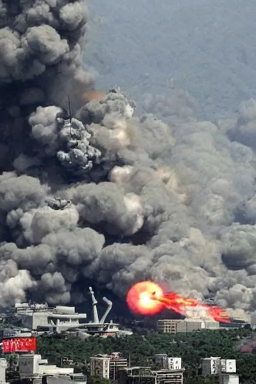 Image similar to the us military attacking pyongyang, dramatic angle, intense scene