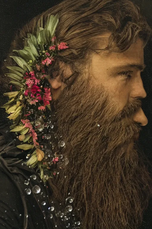 Image similar to a man's face in profile, with a long beard, made of flowers and fruit and glistening water droplets, in the style of the Dutch masters and Gregory crewdson, dark and moody