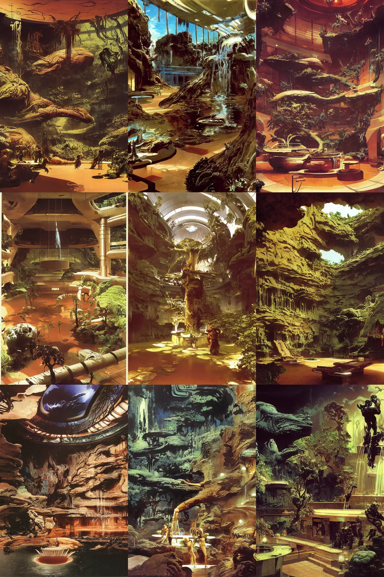 Image similar to interior view asimov mars habitat flora fauna fountain by syd mead, frank frazetta, ken kelly, simon bisley, richard corben, william - adolphe bouguereau