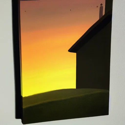 Prompt: a painting of a house on top of a hill with a sunset in the style of Maxfield Parrish