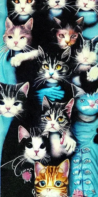 Prompt: Movie poster for a horror film about cats in goth clothes, 1985