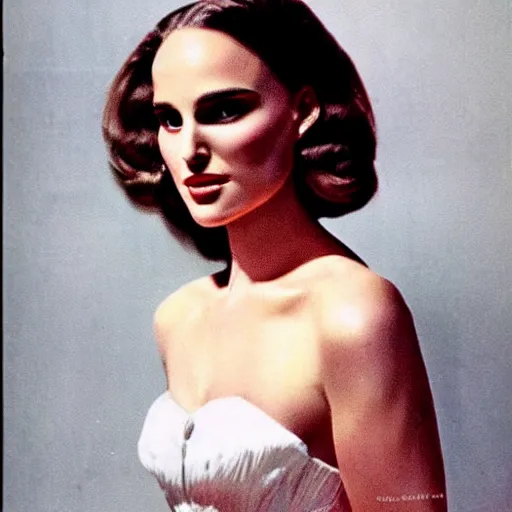 Prompt: “Natalie Portman portrait, color vintage magazine illustration 1950”