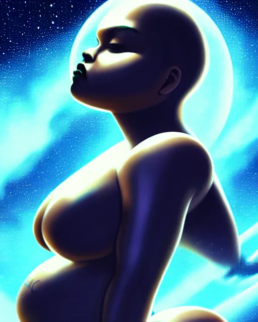 Image similar to close up of a thicc beautiful futurstic astronaut girl, floating through deep black space, few stars in the distance | | epic - fine - clean, polished, trending on artstation, brush strokes