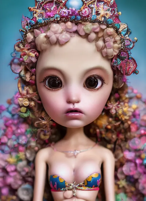 Image similar to closeup portrait of tin toy fairytale princess bikini, depth of field, zeiss lens, detailed, symmetrical, centered, fashion photoshoot, by nicoletta ceccoli, mark ryden, lostfish, breathtaking, 8 k resolution, extremely detailed, beautiful, establishing shot, artistic, hyperrealistic, octane render