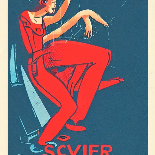 Image similar to vintage sci-fi book cover, high detail, damsel in distress, warm azure tones, red color bleed, film grain