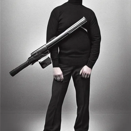 Prompt: A spy in a black turtleneck sweater pointing a gun equipped with a suppressor