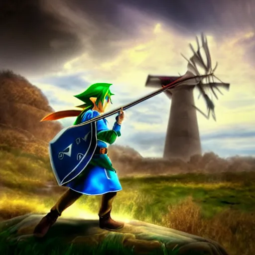 Image similar to link from the video game ocarina of time playing the song of storms on an ocarina in front of the windmill from kakariko village, photorealistic, extreme detail, sharp focus, 8 k, intricate, hyper detailed, realistic, cinematic lighting