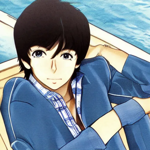 Image similar to anime illustration of young Paul McCartney from the Beatles, wearing a blue and white check shirt and watch, relaxing on a yacht at sea, ufotable