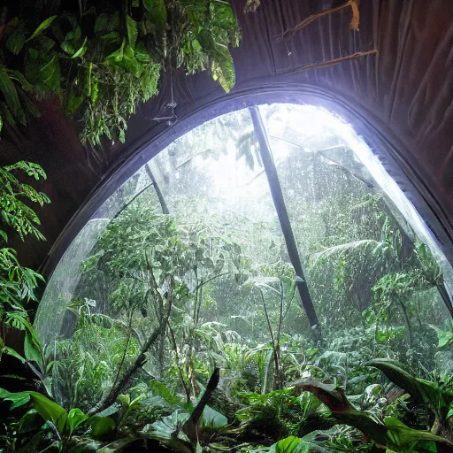 Image similar to photo of a beautiful rainforest habitat in a dome on the moon