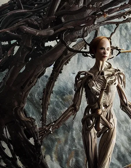 Prompt: still frame from Prometheus movie by Makoto Aida, biomechanical dryad by Iris van Herpen painted by Caravaggio and by Yoshitaka Amano by Yumihiko Amano by Makoto Aida