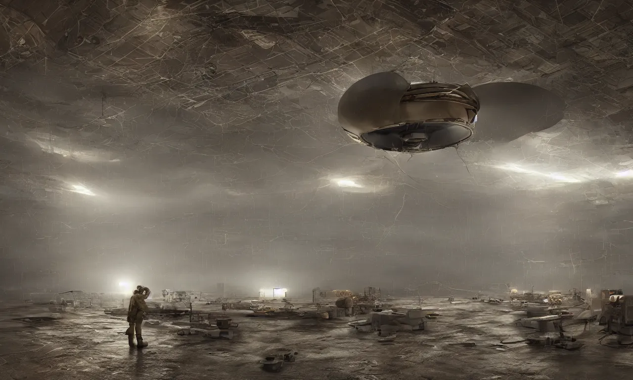 Prompt: engineer repairs special flying saucer full of modern military equipment, in the hall of area 55, high detail, ground fog, wet reflective ground, saturated colors, by Darek Zabrocki, render Unreal Engine