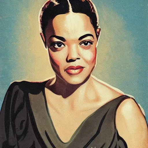 Image similar to “Tessa Thompson portrait, color vintage magazine illustration 1950”