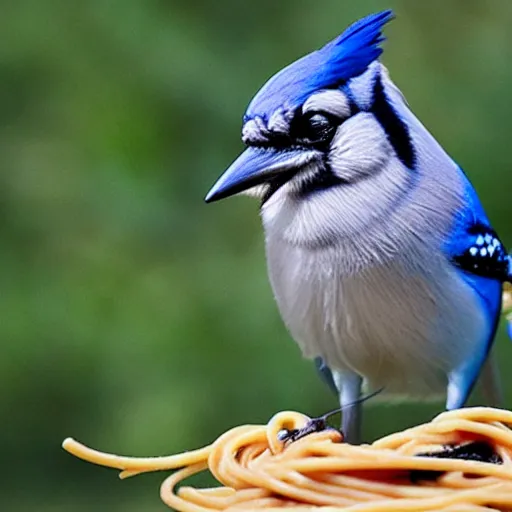 Prompt: bluejay staring at spaghetti