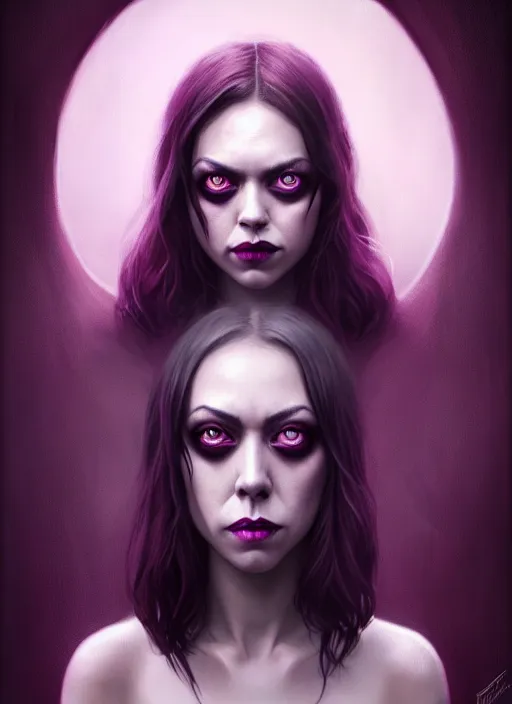 Image similar to stunning beautiful Aubrey Plaza dark witch, purple eyes, evil smile, black magic, realistic character concept, full body, sinister pose, scary magical background, illustration, slender symmetrical face, symmetrical eyes, realistic body, cinematic lighting, hyperdetailed, high resolution, Charlie Bowater, Tom Bagshaw, insanely detailed and intricate