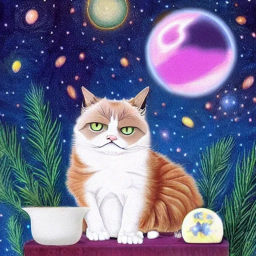 Prompt: Grumpy cat bathing in the opalescent cosmos, his worries melting away leaving a slight smirk on relaxed face, surrounded by stars and fancy feast, his decadence knows no bounds, he is grumpy no more
