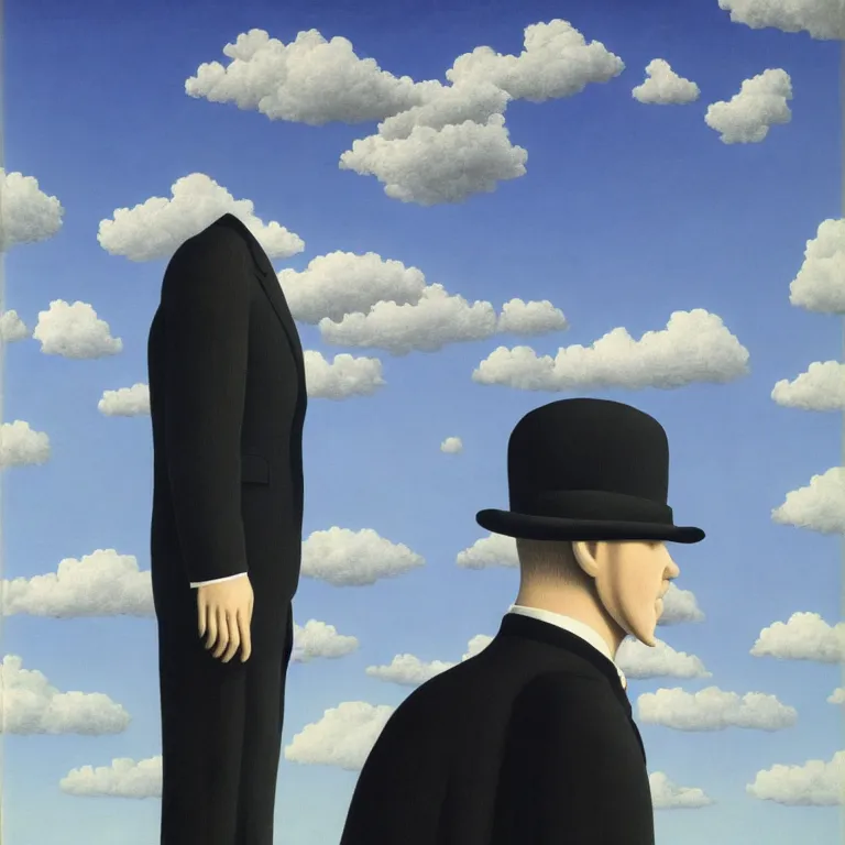 Image similar to portrait of a faceless shadow - head man in a suit, clouds in the background, by rene magritte, detailed painting, distance, middle centered, hd, hq, high resolution, high detail, 4 k, 8 k