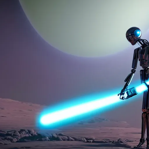 Image similar to humanoid robot wielding lightsaber in front of a violet planet, unreal engine, featured on cgsociety, scifi futuristic character concept