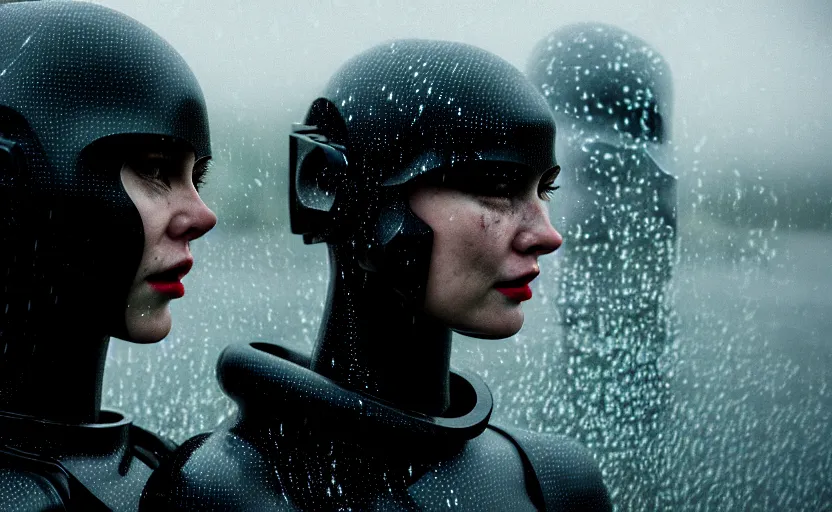 Image similar to cinestill 5 0 d candid photographic portrait by christopher nolan of two loving female androids sobbing wearing rugged black mesh techwear in treacherous waters, extreme closeup, modern cyberpunk moody emotional cinematic, pouring rain menacing lights shadows, 8 k, hd, high resolution, 3 5 mm, f / 3 2, ultra realistic faces, ex machina