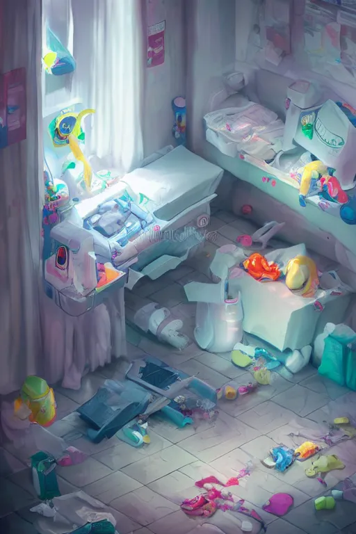 Image similar to Diaper Disposal Robot, Overflowing, digital art, fantasy, trending on artstation, professional illustration, cgsociety, ultra detailed, volumetric lighting, celshaded, colorful, girly bedroom