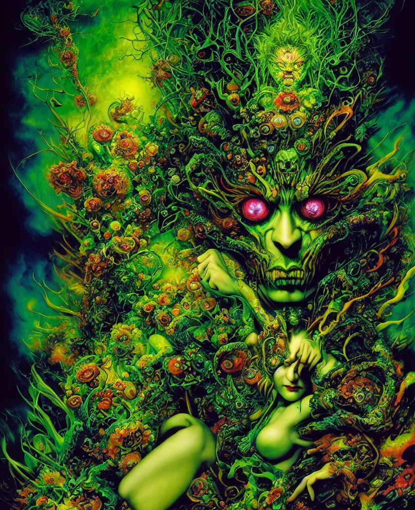 Image similar to realistic detailed image of green mega god of chaos, depth perception, depth of field, action horror by lisa frank, ayami, karol bak, neo - gothic, gothic, rich deep colors, part by adrian ghenie and gerhard richter. art by yoshitaka amano. masterpiece