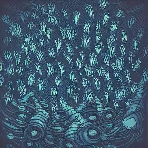 Prompt: “a swarm of dark tentacles underwater, trending on artstation, deep abyss ocean floor, dark navy colored background”