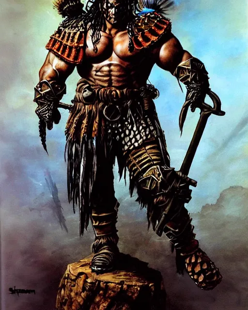 Prompt: full body of a shaman goth soldier wearing armor by simon bisley, john blance, frank frazetta, fantasy, barbarian