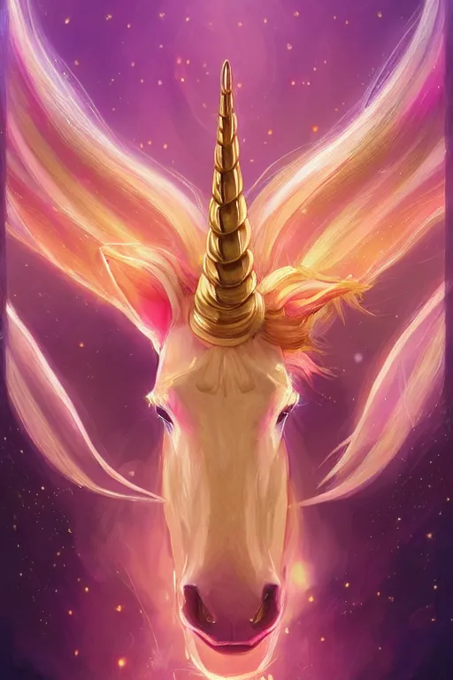 Image similar to beautiful Unicorn in gold and purple pink soft lighting, symmetrical portrait, high quality, cinematic by WLOP and Rossdraws, concept art of the character. Epic composition, hyperrealism, award-winning artwork, realistic hair, artstation trend, high quality printing, fine art with subtle redshift rendering