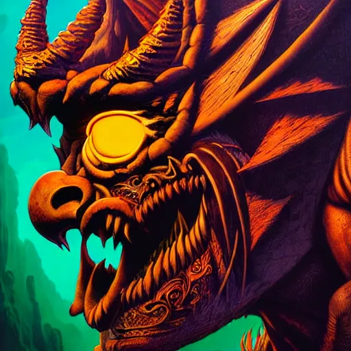 Image similar to side profile of barong family gargoyle, wiwek, mara demon, one single tribe member, jungle, one single mask, dark, tribal, inner glow, art by dan mumford and justin gerard