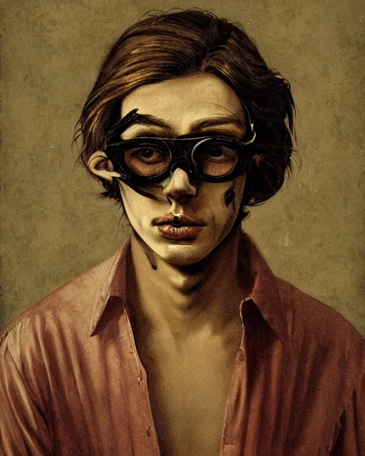 Prompt: a beautiful and eerie baroque painting of a beautiful but serious young man, with haunted eyes and glasses, 1 9 7 0 s, seventies, floral wallpaper, wilted flowers, morning light showing injuries, delicate ex embellishments, painterly, offset printing technique