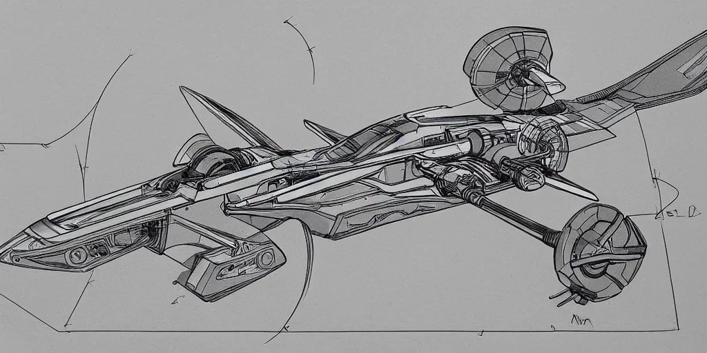 Image similar to highly detailed schematic, technical drawing, orthographic view, sci-fi hover racer, sci-fi pod racer