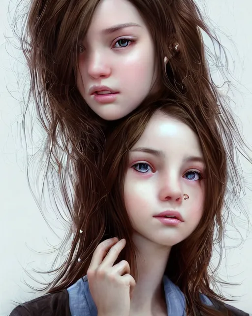 Image similar to portrait of 1 5 - year old girl with lush frizzy untamable brown hair, large front teeth, and bright piercing brown eyes, hyper realistic face, beautiful eyes, character art, art by artgerm lau and wlop and and ilya kuvshinov and john singer sargent, hyperdetailed, cryengine, trending on artstation, wizard, digital art