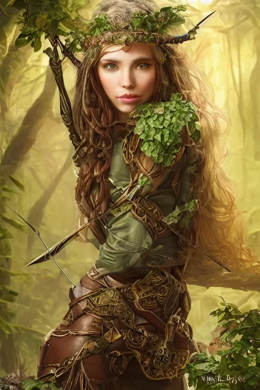 Image similar to a beautiful young woman, an elf ranger with bow and arrow, long flowing hair with hood, mostly green and brown leather pirate armor, young female face, vine like plants and jungle background, cinematic top lighting, insanely detailed and intricate, face by wlop, Charlie Bowater, golden ratio, symmetric, elegant, ornate, luxury, elite, matte painting, MTG, magic the gatheing, cinematic, cgsociety, 8k, high resolution