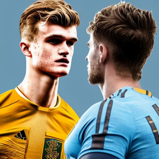 Image similar to a realistic detailed photo of a guy who is an attractive humanoid who is half robot and half humanoid, who is a male android, soccer players martin ødegaard & timo werner, shiny skin, posing like a statue, blank stare, in a factory, on display, showing off his muscles, gold soccer shorts, side view, looking at each other mindlessly