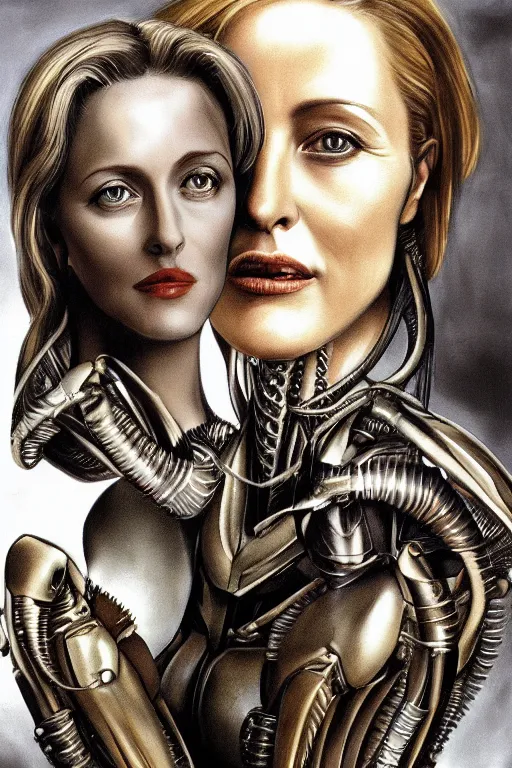 Image similar to portrait of a beautiful young gillian anderson with alien xenomorph queen by h.r. giger, detailed, proportional, trending on art station, 4k