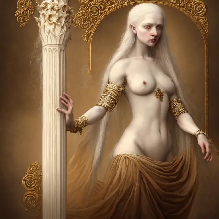 Image similar to renaissance style a wonderful woman albino goddess with a wonderful face and realistic body with long intricate hair with a beautiful porcelain symmetrical body dressed with a majestic warp ornate semi transparent cream long cotton dress, hightly ornate, intricate, detailed, dramatic light, cinematic, award winning, octane render, tom bagshaw style