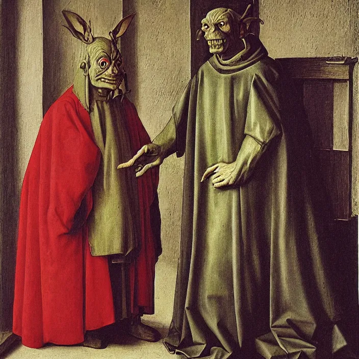 Prompt: a goblin monster priest, by Jan van Eyck