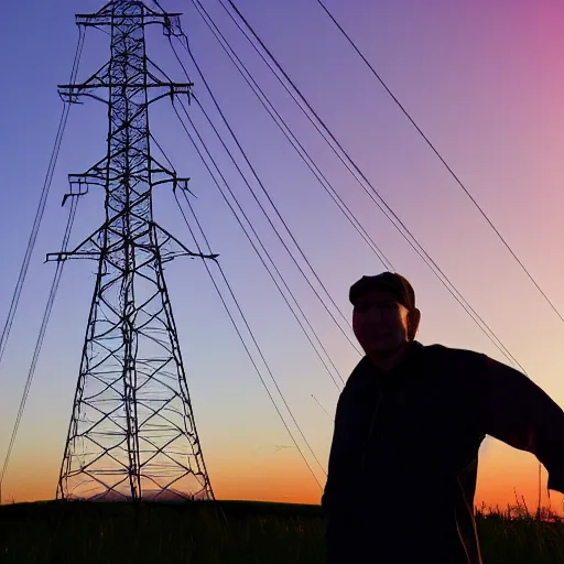 Prompt: man standing in front of electricity pylons at sunset, low angle