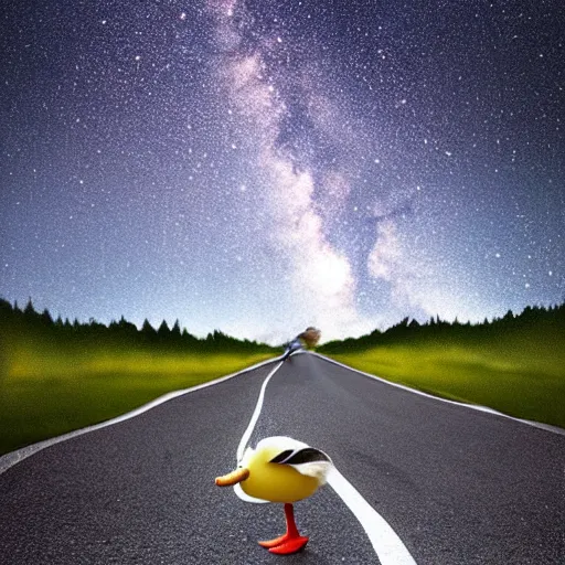 Image similar to a lonely duck walking on the road and looking up at the sky, milky way, starry sky, art station trend