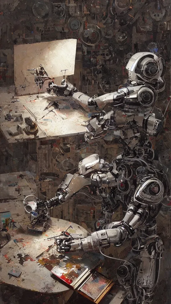 Prompt: robot painting a robot on canvas, intricate, highly detailed, photorealistic, film still, by greg rutkowski.