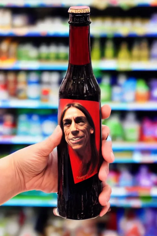 Prompt: a hand holding a glass bottle of cola with iggy pop's face on the label, inside a supermarket