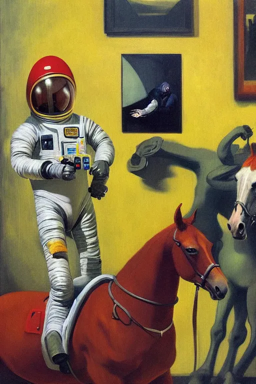 Prompt: man in horse costume, horse in costume astronaut, racing on astronauts, hauntingly surreal, highly detailed painting by francis bacon, edward hopper, adrian ghenie, gerhard richter, and james jean soft light 4 k,